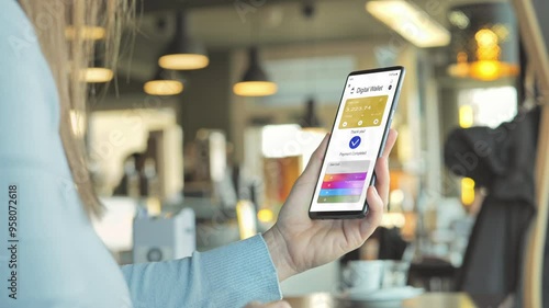 female holding smart phone paying online using digital wallet credit card,woman sits at the cafe' using smartphone mobile to make a payment on internet