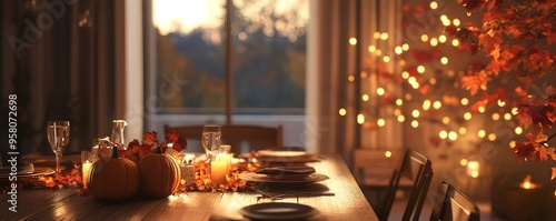 Cozy Autumn Themed Home Interior with Warm Thanksgiving Table Setting for Family Dinner