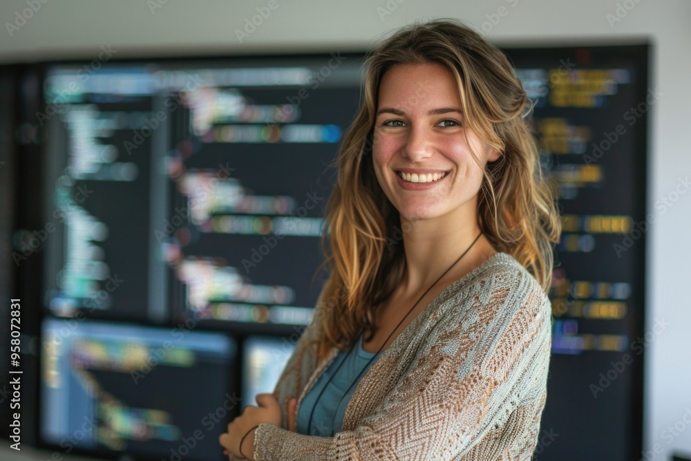 Cheerful Woman Software Developer in Casual Wear in Front of Code Screens Cheerful Woman Software Developer in Casual Wear in Front of Code Screens
