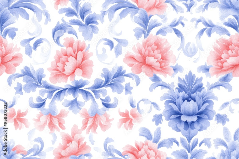 A seamless Baroque-inspired damask pattern in blue and red tones, rendered in watercolor style, features a continuous repeat on a white background. A seamless Baroque-inspired damask pattern in blue and red tones, rendered in watercolor style, features a continuous repeat on a white background.