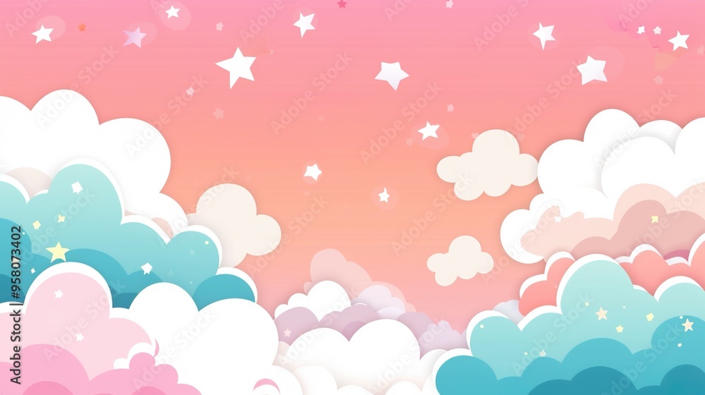 Kawaii Fantasy Pastel Colorful Sky with Clouds and Stars Background in a paper cut Kawaii Fantasy Pastel Colorful Sky with Clouds and Stars Background in a paper cut