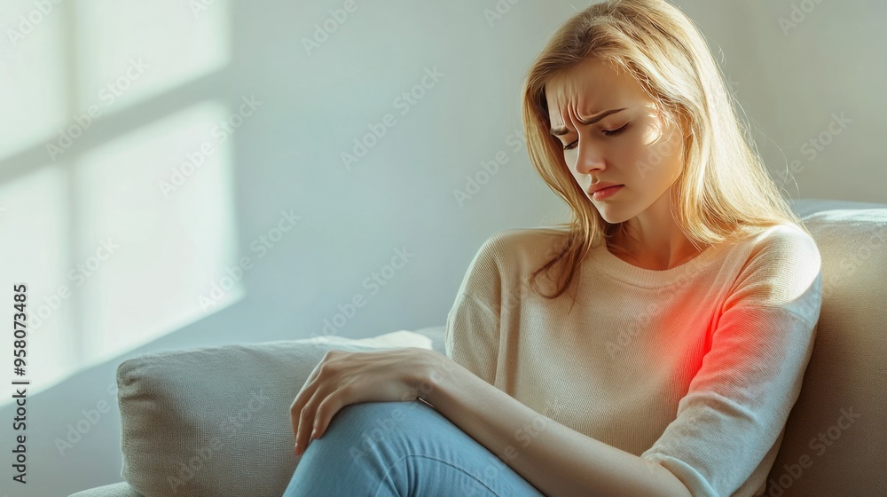 Obraz premium A young woman sits on a couch, clutching her arm in pain.