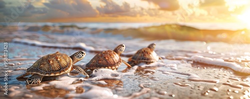 Sea turtles crawling on the beach to lay eggs, 4K hyperrealistic photo photo