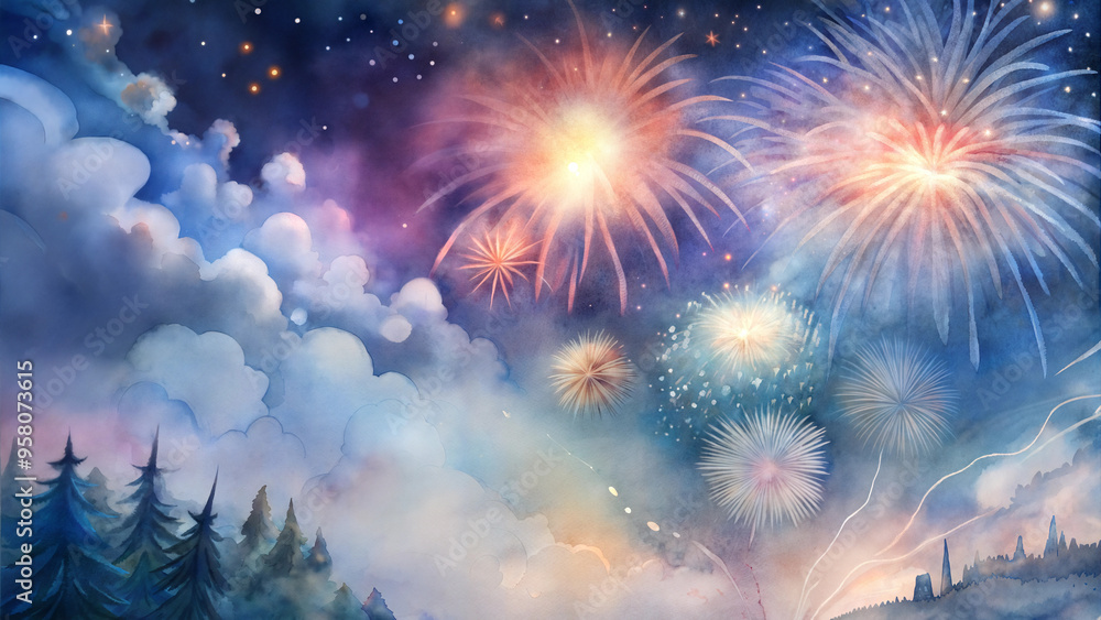 Fototapeta premium Watercolor painting of vibrant fireworks lighting up the night sky over a forest 