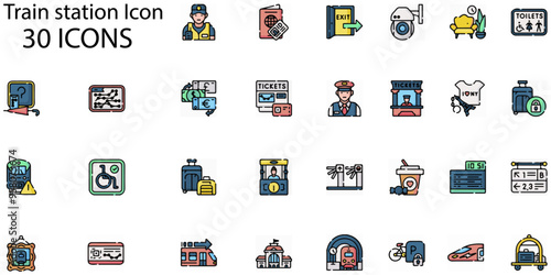 Set of Train station icons. Line art style icons bundle. vector illustration