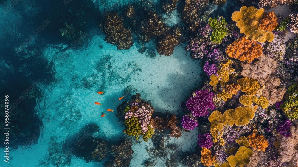 Fototapeta premium Aerial shot of Maldives colorful coral reefs seen through shallow water, with fish swimming around.
