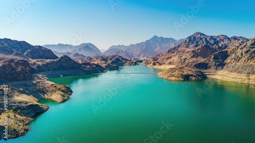 Aerial shot of Hatta Dam, emerald-green waters surrounded by rocky mountains under a clear blue sky. No people.