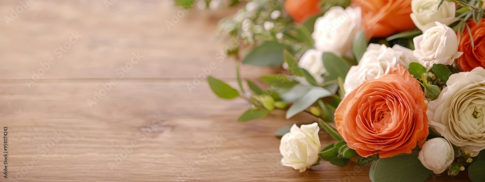 A tight shot of a floral arrangement on a wooden table Green foliage and orange and white blossoms populate the backdrop A tight shot of a floral arrangement on a wooden table Green foliage and orange and white blossoms populate the backdrop
