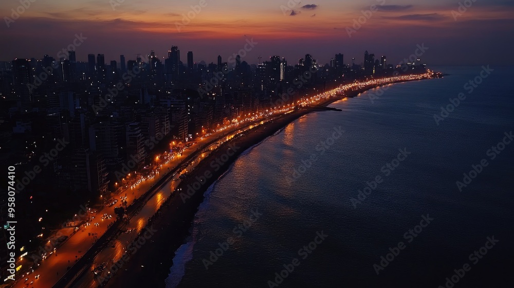 Aerial shot of Mumbai's Marine Drive, the 'Queen's Necklace' shimmering with city lights along the coastline. No people. Aerial shot of Mumbai's Marine Drive, the 'Queen's Necklace' shimmering with city lights along the coastline. No people.