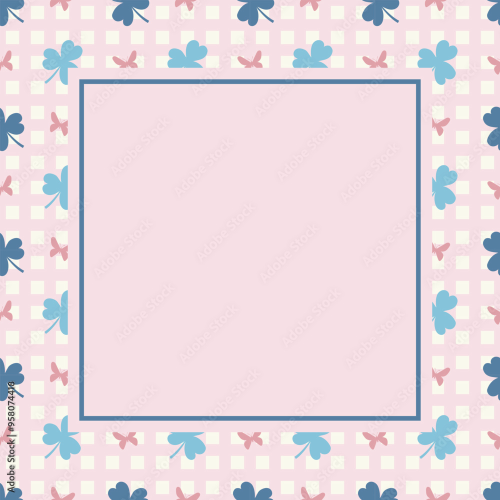Cute kawaii clover leaves with seamless butterfly pattern with pastel grid poster notepad background Cute kawaii clover leaves with seamless butterfly pattern with pastel grid poster notepad background