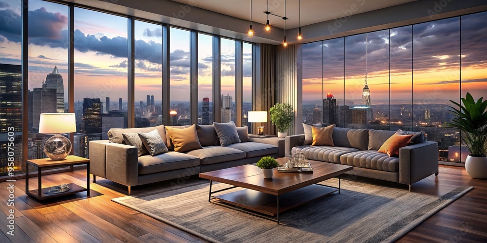 Soft gray couch embraces the corner, surrounded by sleek wooden tables, plush throw pillows, and geometric-patterned Soft gray couch embraces the corner, surrounded by sleek wooden tables, plush throw pillows, and geometric-patterned