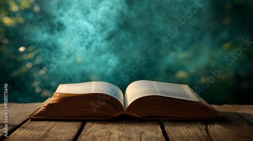 Open book on wooden table with enchanting mist in the background