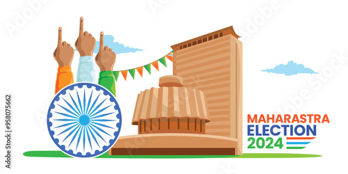 Maharashtra Election 2024 with Voting Hands and Assembly Building Illustration