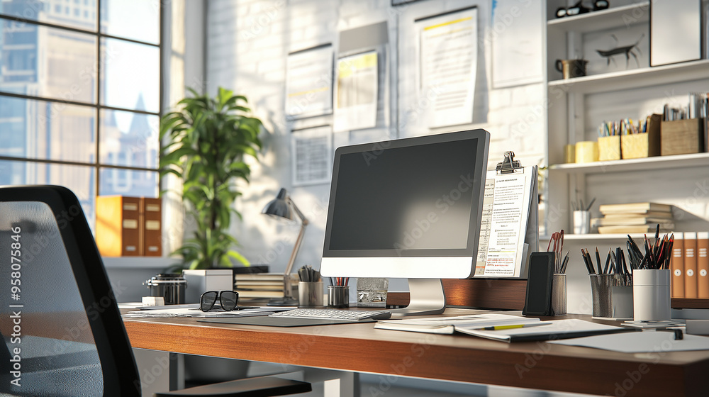 office desk with computer, a male or female worker seated at a desk in a modern office environment. The desk is cluttered with typical office items like a computer office desk with computer, a male or female worker seated at a desk in a modern office environment. The desk is cluttered with typical office items like a computer