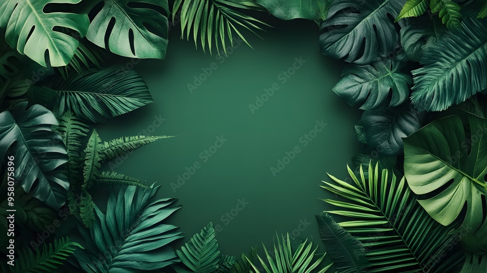 Naklejka premium Lush green tropical leaves framing an elegant minimalistic background