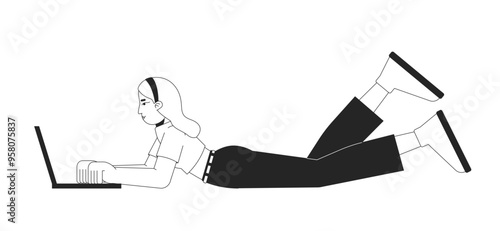 Relaxed caucasian woman typing on laptop black and white 2D line character. Online services. Female freelancer working from home solated vector outline person. Monochromatic spot illustration