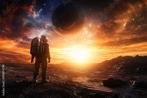 An astronaut stands on an alien planet, gazing at a breathtaking sunrise with distant planets and vibrant colors in the cosmic sky. photo