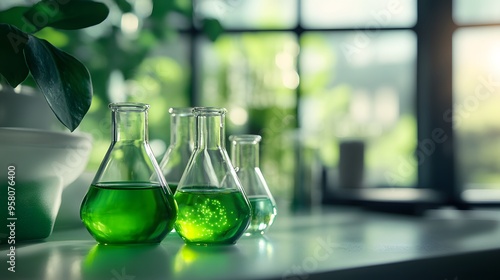 Green chemistry: eco-friendly laboratory with beakers and natural plants photo