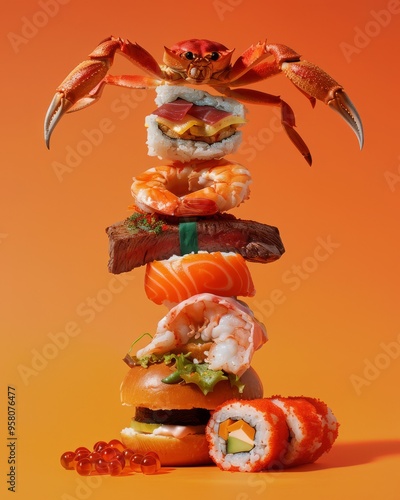 a creative composition of various types of food: crab claw, sushi, steak, italian bread, mexican taco, donut. The food elements are stacked assymetrically and balancing. Food design photo