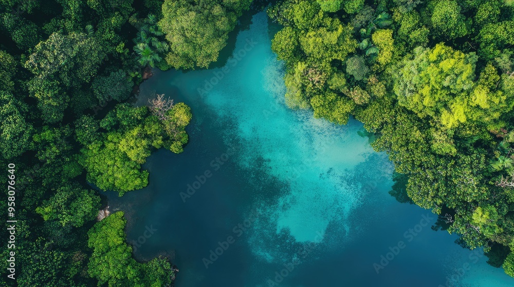 Aerial view of the emerald waters and tropical flora surrounding the Blue Lagoon in Tarapoto Aerial view of the emerald waters and tropical flora surrounding the Blue Lagoon in Tarapoto