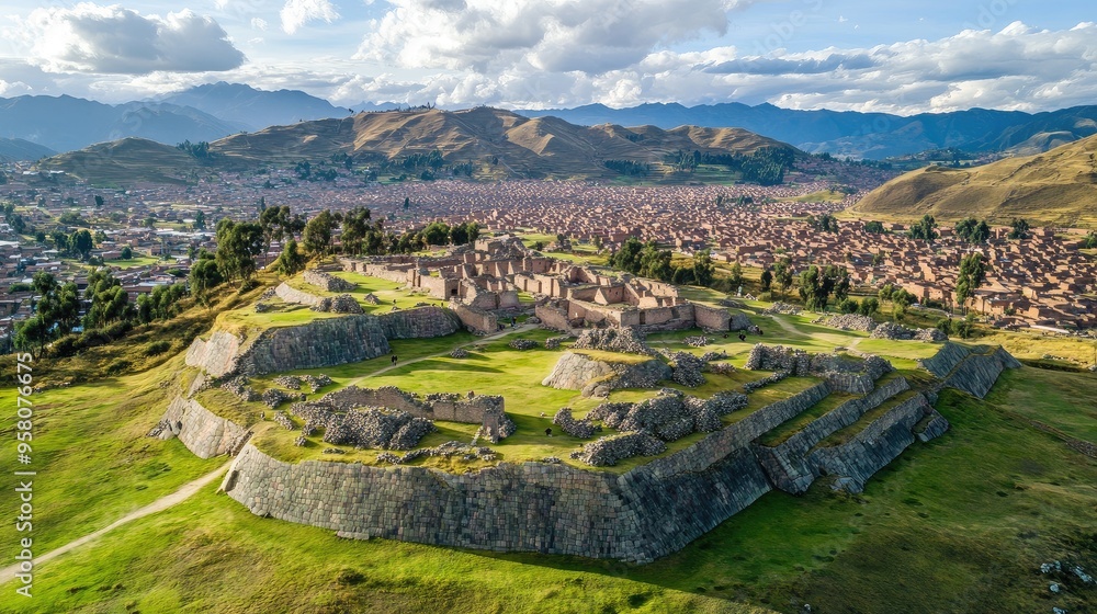 Fototapeta premium Aerial view of the fortress ruins of Sacsayhuama, with its massive stone walls and panoramic views of Cusco