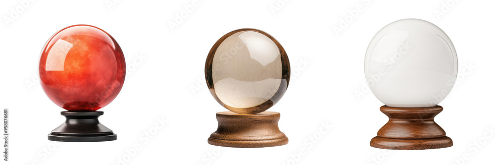 A trio of mystical crystal balls on wooden stands in various colors. Perfect for fortune telling and magical decor.