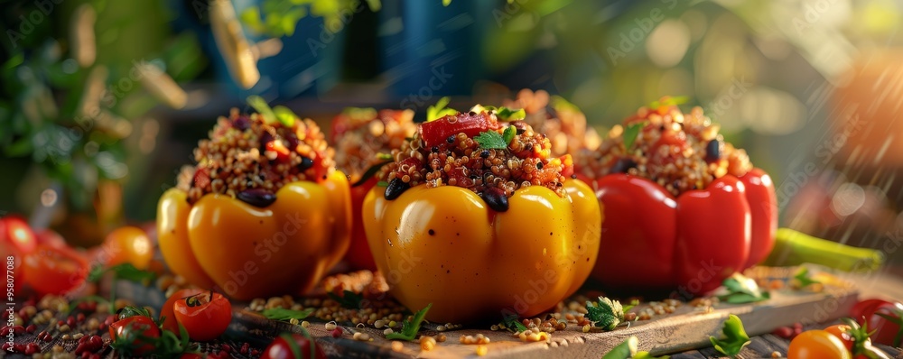 Fototapeta premium Vegan stuffed peppers with quinoa and black beans, 4K hyperrealistic photo