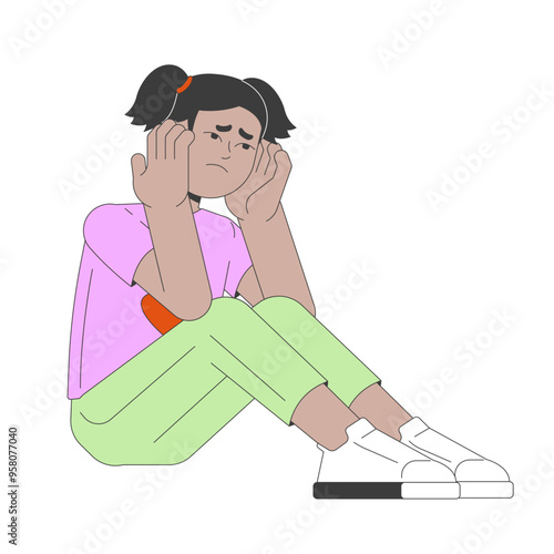 Pensive little girl sitting alone 2D cartoon character. Kid with negative thoughts. African american child abuse victim isolated person flat vector on white background. Spot illustration colorful