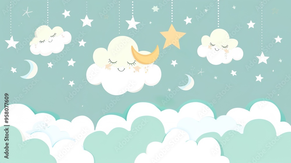 Kawaii Fantasy Pastel Colorful Sky with Clouds and Stars Background in a paper cut Kawaii Fantasy Pastel Colorful Sky with Clouds and Stars Background in a paper cut