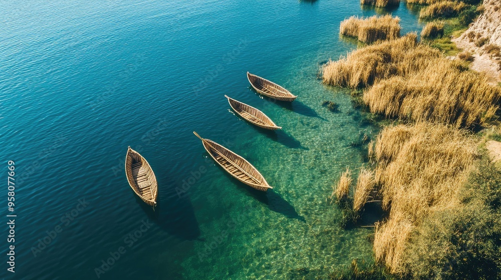 Aerial view of the serene Lago Titicaca, with its crystal-clear waters and traditional reed boats floating nearby Aerial view of the serene Lago Titicaca, with its crystal-clear waters and traditional reed boats floating nearby