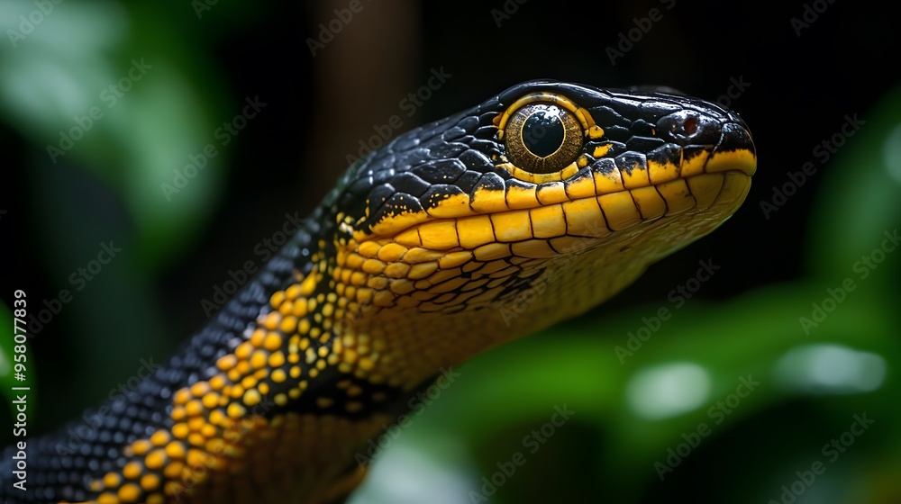 Vibrant black and yellow snake in natural habitat with lush green background Vibrant black and yellow snake in natural habitat with lush green background