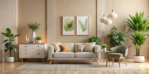 Soothing cream walls serve as a canvas for abstract art, complemented by lush greenery and sleek, designer furniture