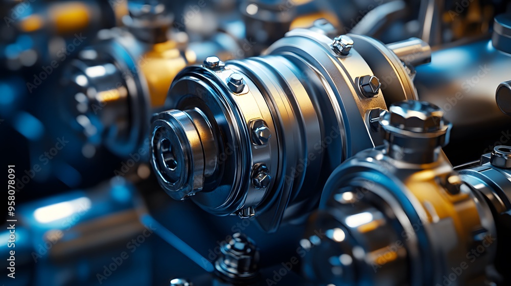 Close-up of industrial metallic gears shining in blue and gold light Close-up of industrial metallic gears shining in blue and gold light