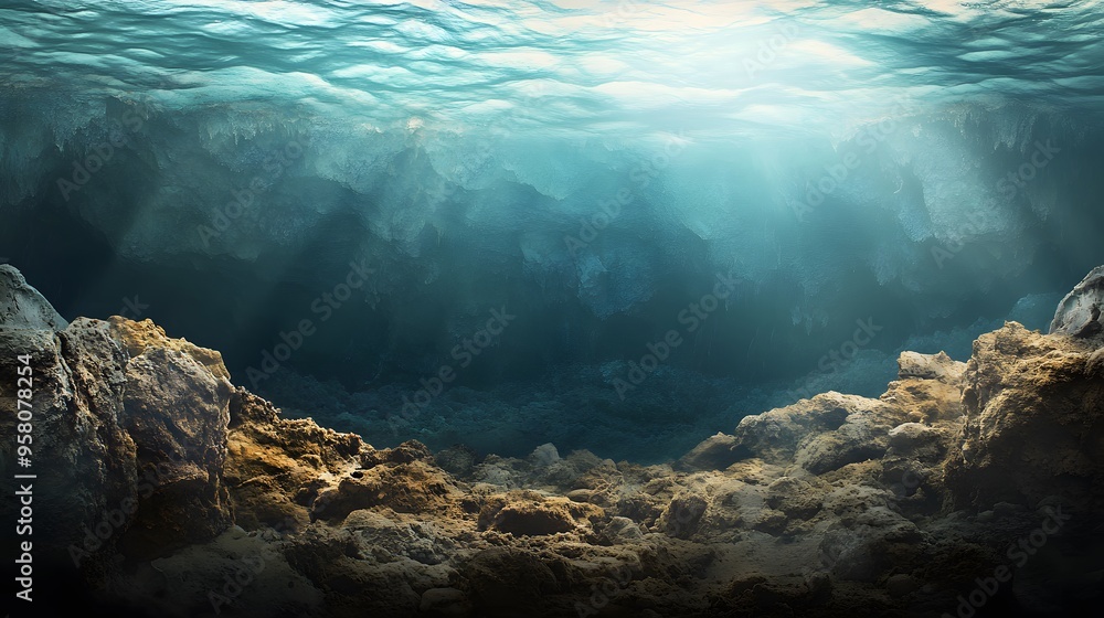 Fototapeta premium Sunlit underwater cave with rocky seabed and crystal clear waters