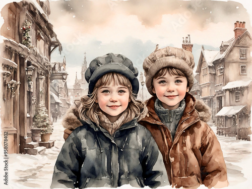 Watercolor painting of two children, a boy and a girl, wearing warm winter clothes, vintage Christmas card