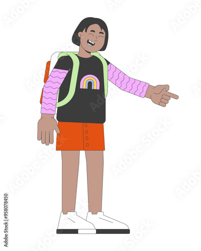 Happy african american girl pointing aside 2D cartoon character. Cheerful little child. Black schoolgirl having fun isolated person flat vector on white background. Spot illustration colorful