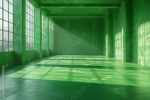 An empty green studio room with an abstract green gradient, ideal for showcasing products as a background 