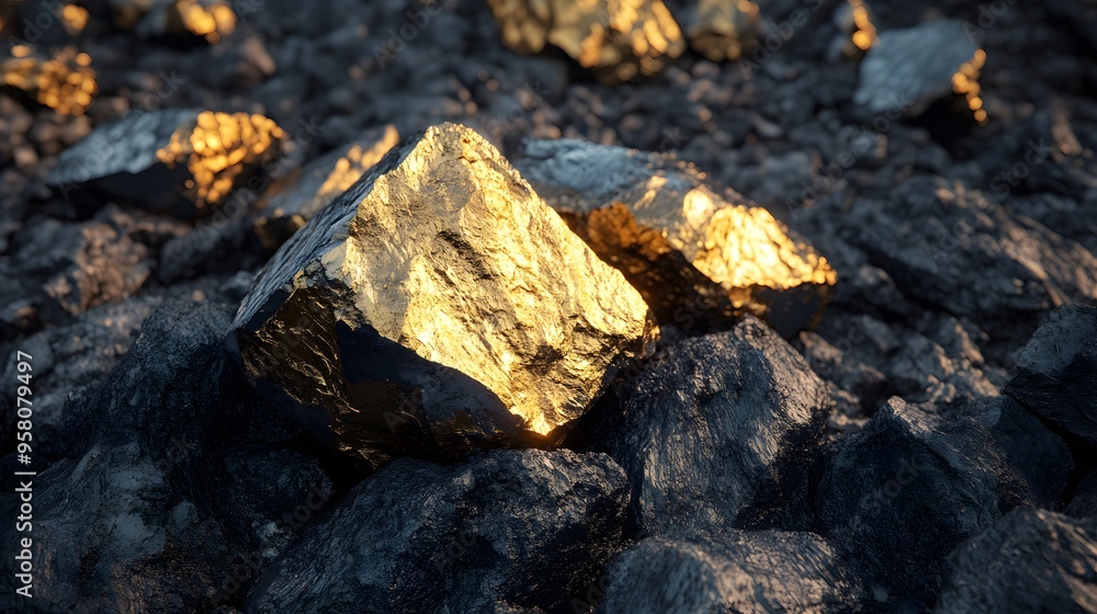Golden nuggets amidst dark rocks: striking contrast in natural mineral deposits Golden nuggets amidst dark rocks: striking contrast in natural mineral deposits