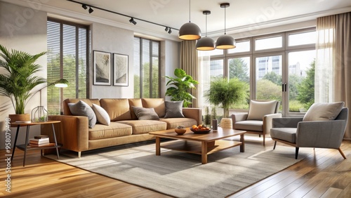 Sophisticated living room design with chic furniture pieces, calming neutral color palette, and abundant natural light
