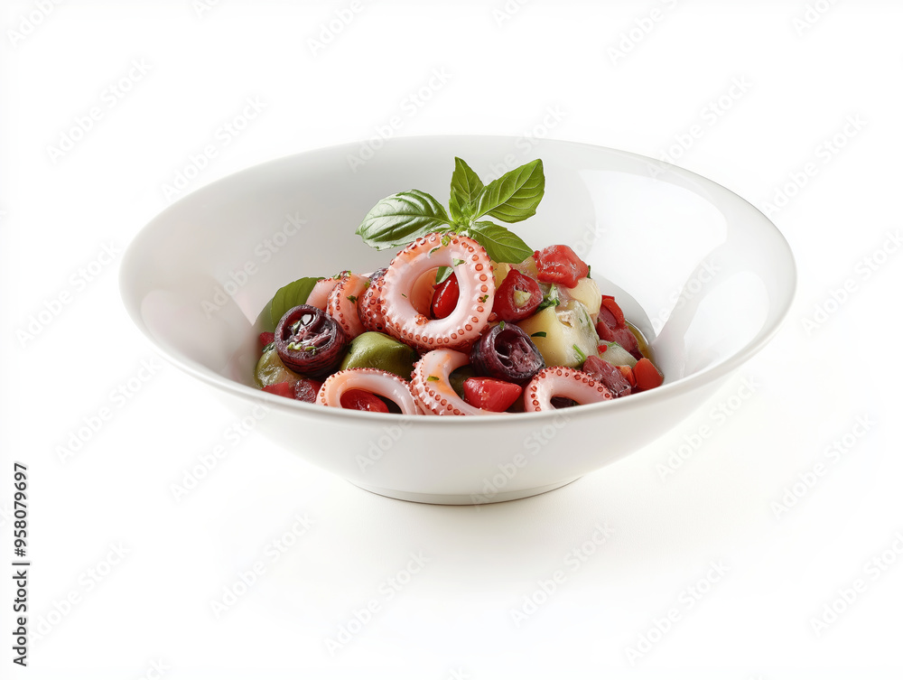 A fresh and colorful Mediterranean seafood salad with octopus rings, olives, tomatoes, and basil, served in a white bowl on a light background A fresh and colorful Mediterranean seafood salad with octopus rings, olives, tomatoes, and basil, served in a white bowl on a light background