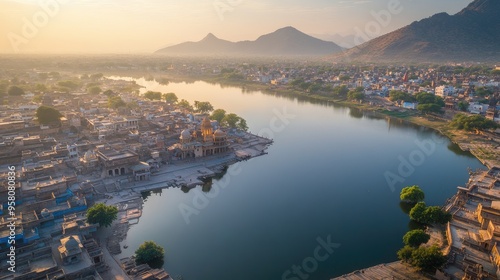 Bird's eye view of the Pushkar Lake, with ghats and temples surrounding the sacred waters under the desert sky. No people.