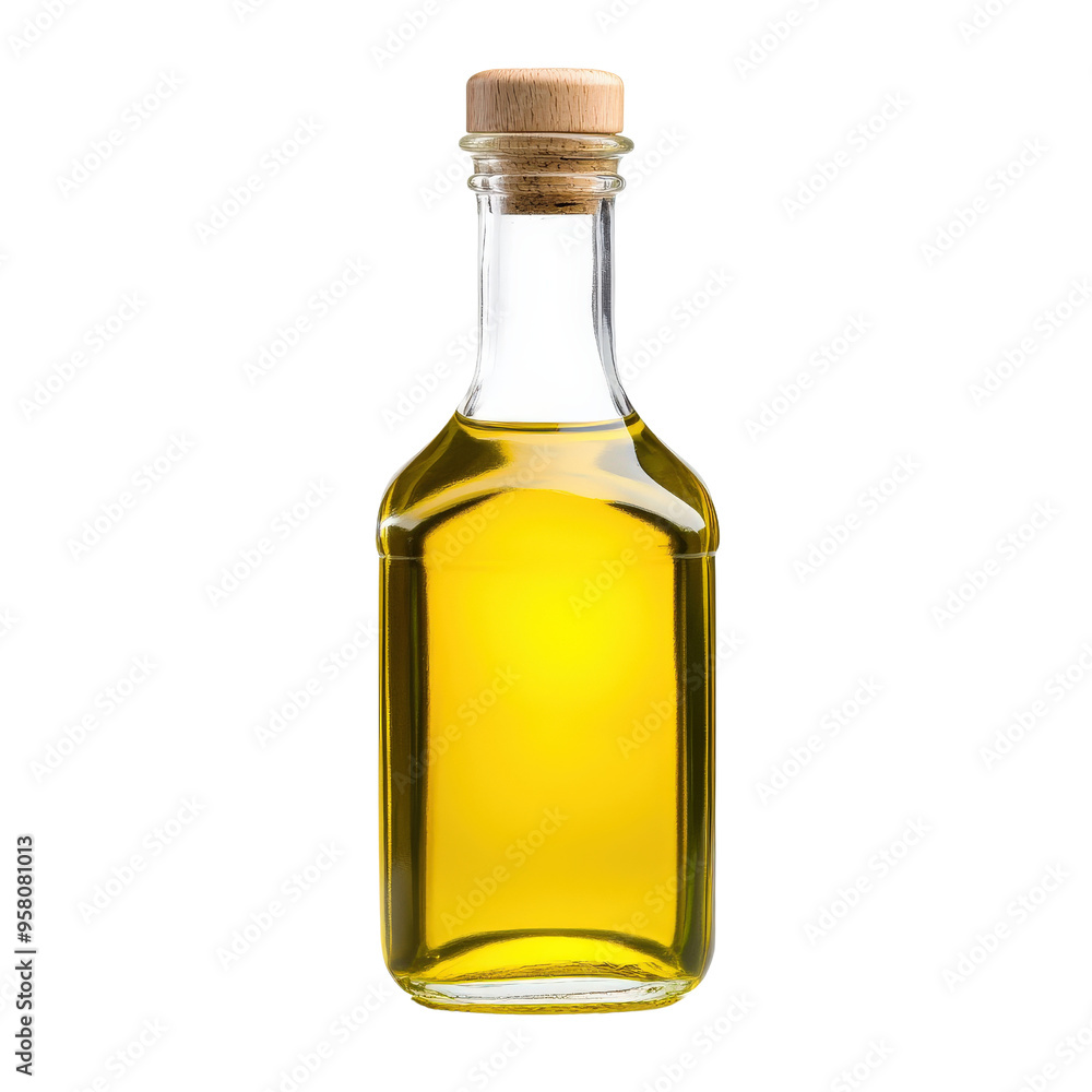 A clear glass bottle filled with golden olive oil, capped with a wooden stopper, isolated on a white background. A clear glass bottle filled with golden olive oil, capped with a wooden stopper, isolated on a white background.