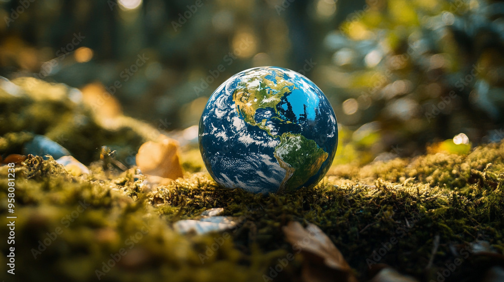 A small globe rests on soft moss in a serene forest clearing during daylight, surrounded by greenery and fallen leaves A small globe rests on soft moss in a serene forest clearing during daylight, surrounded by greenery and fallen leaves
