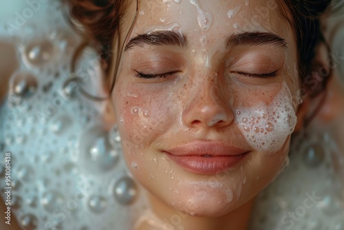 A serene young woman enjoying a relaxing bubble bath while smiling gently amidst the soothing foam photo