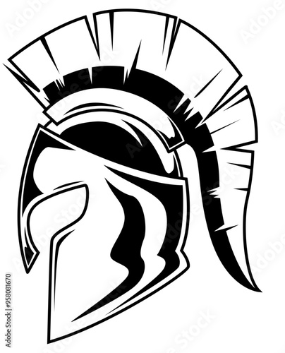 Spartanischer Helm in Seitenansicht mit markantem Kamm und Gesichtsschutz.