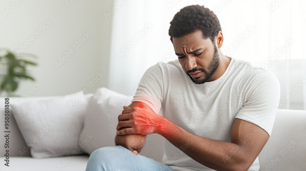 A young man sits on a couch and holds his wrist in pain. He looks distressed and worried. A young man sits on a couch and holds his wrist in pain. He looks distressed and worried.