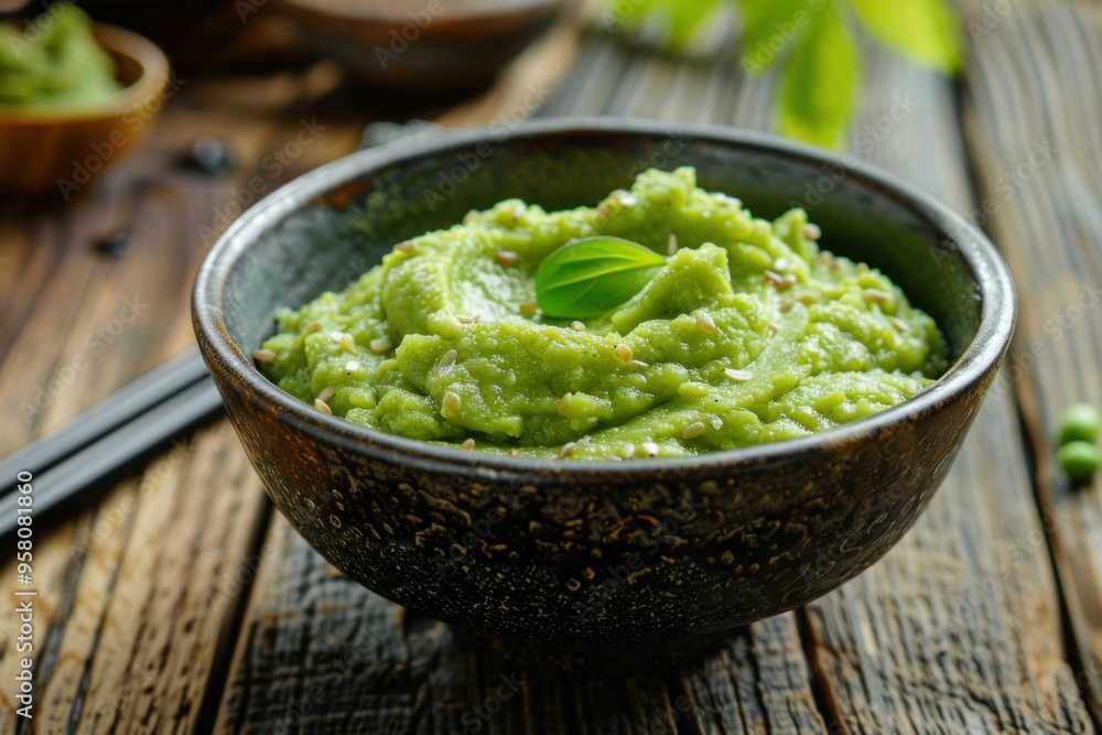 Green pea puree decorated with sesame seeds and basil leaves served in rustic bowl standing on wooden table Green pea puree decorated with sesame seeds and basil leaves served in rustic bowl standing on wooden table