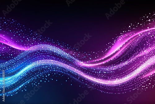 Abstract digital background with a wavy gradient of purple and blue, glowing dots in motion forming an illuminated curve