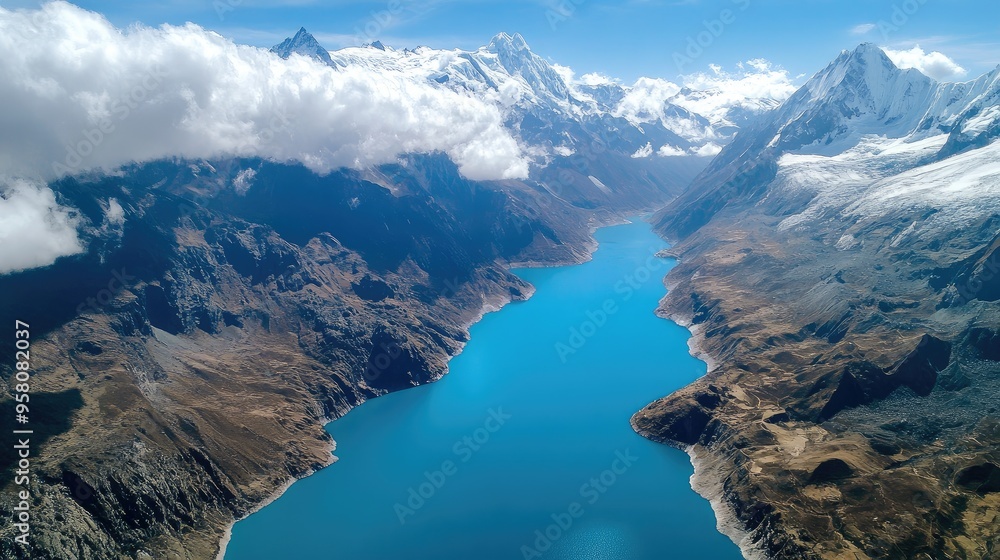 Bird's-eye view of the high-altitude Lake Llanganuco, with its turquoise waters and snow-capped peaks of the Cordillera Blanca Bird's-eye view of the high-altitude Lake Llanganuco, with its turquoise waters and snow-capped peaks of the Cordillera Blanca