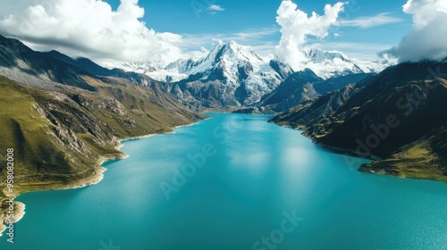 Bird's-eye view of the high-altitude Lake Llanganuco, with its turquoise waters and snow-capped peaks of the Cordillera Blanca photo